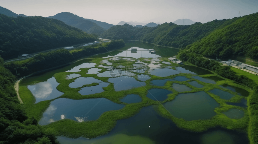 现代化淡水鱼养殖场的鸟瞰图图片