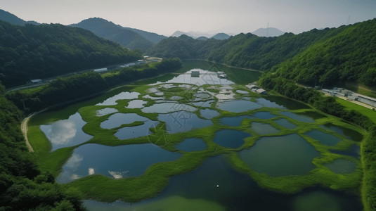 现代化淡水鱼养殖场的鸟瞰图高清图片