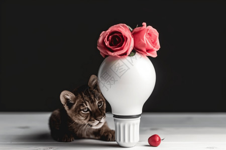 老虎幼崽与美丽的玫瑰灯泡背景图片