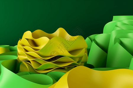 3d渲染黄色抽象波浪形绿色背景图片