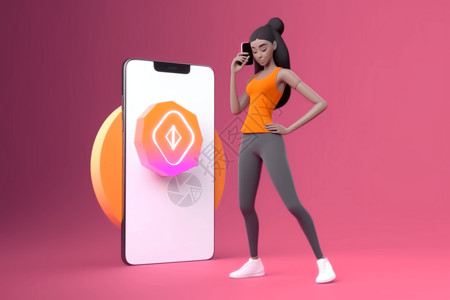 年轻女子运动健身热身图片智能手机锻炼运动瑜伽健身概念3d插图插画