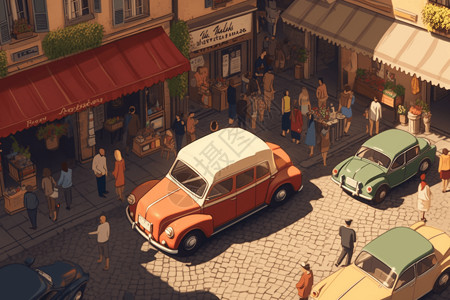 老式风格老式汽车中午停在一个繁忙的市场前插画