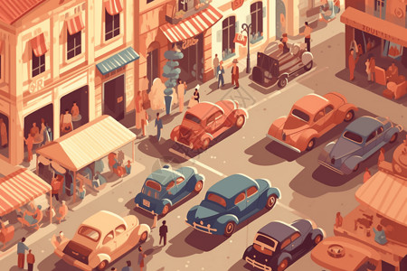 老式风格老式汽车中午停在一个繁忙的市场前的平面插图插画