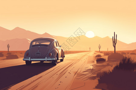 怀旧的汽车在日出时穿越沙漠道路平面插图图片