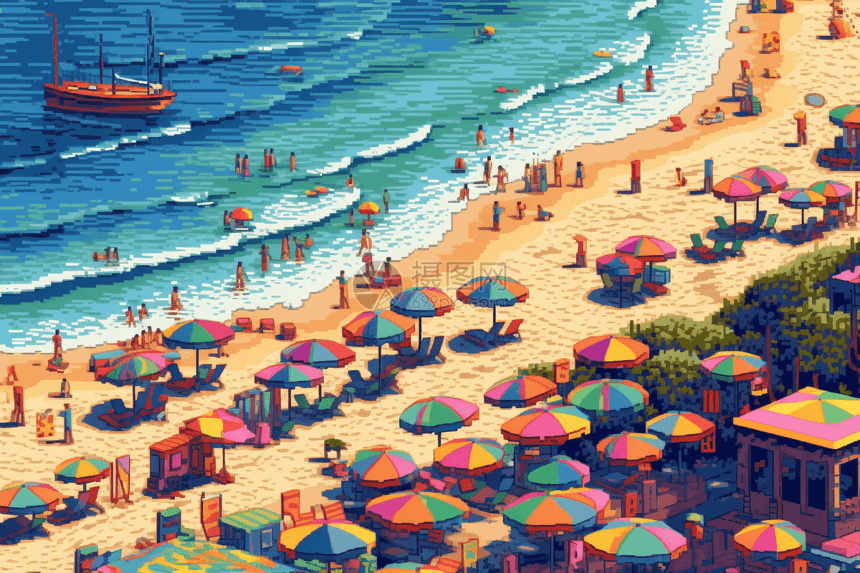 像素艺术描绘的海滩场景图片