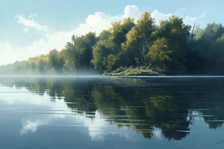 湖泊的山水插画图片