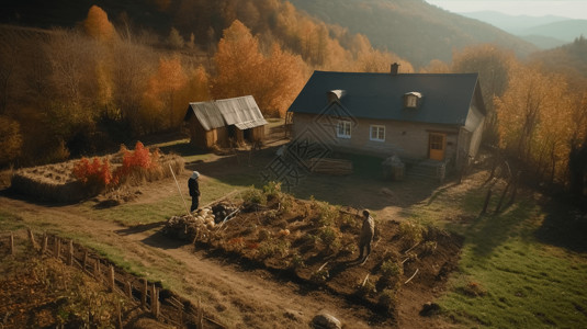 农场劳作坐落山间的小村屋背景
