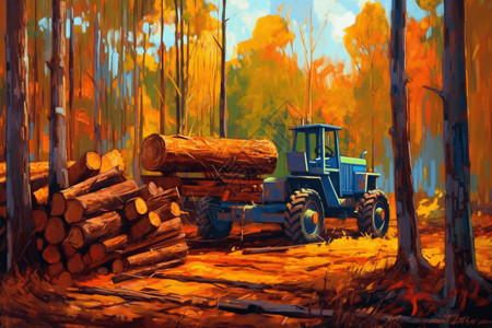 一幅木材采伐的画高清图片