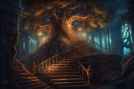 木头栏杆树上的神奇图书馆插画