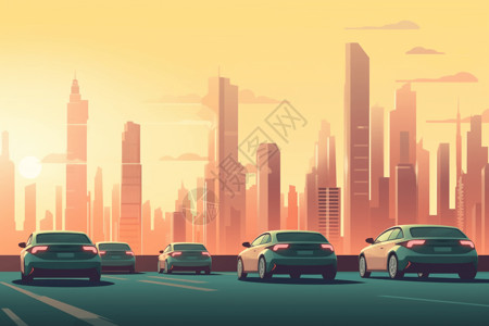 赛摩电动汽车在摩现代城市中行驶插画