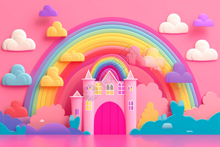 可爱梦幻彩虹彩虹城堡粉色背景设计图片