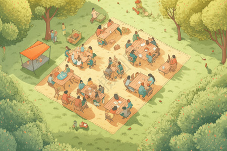公园野餐卡通插画背景图片