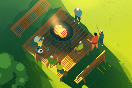 餐架在后院举办家庭烧烤插画