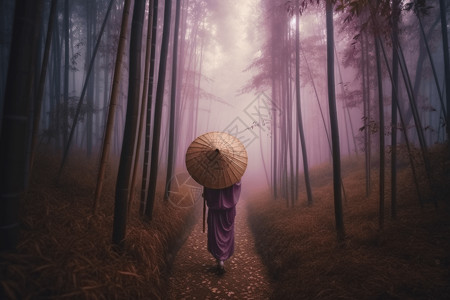 竹林中撑伞的女性图片