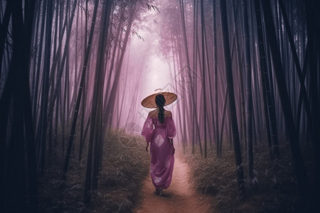 竹林中撑伞的紫衣女子背景