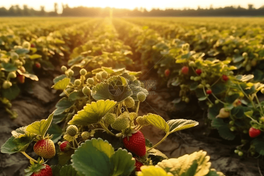 在阳光下收获成熟的草莓图片