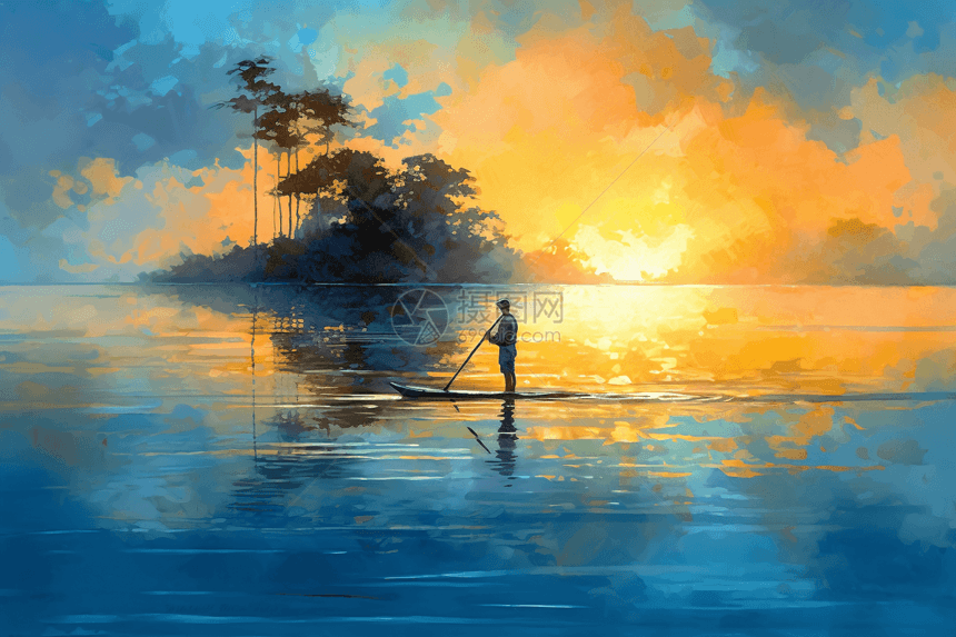 站立式桨板在宁静的湖面游行图片