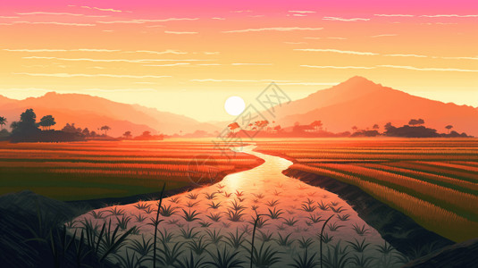 日出时稻田图片