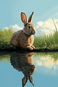 池塘里的兔子倒影图片
