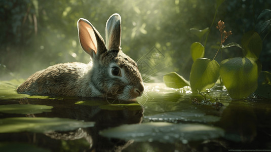 好奇的兔子蹲在池塘里图片