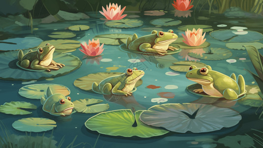 池塘里有一群青蛙图片