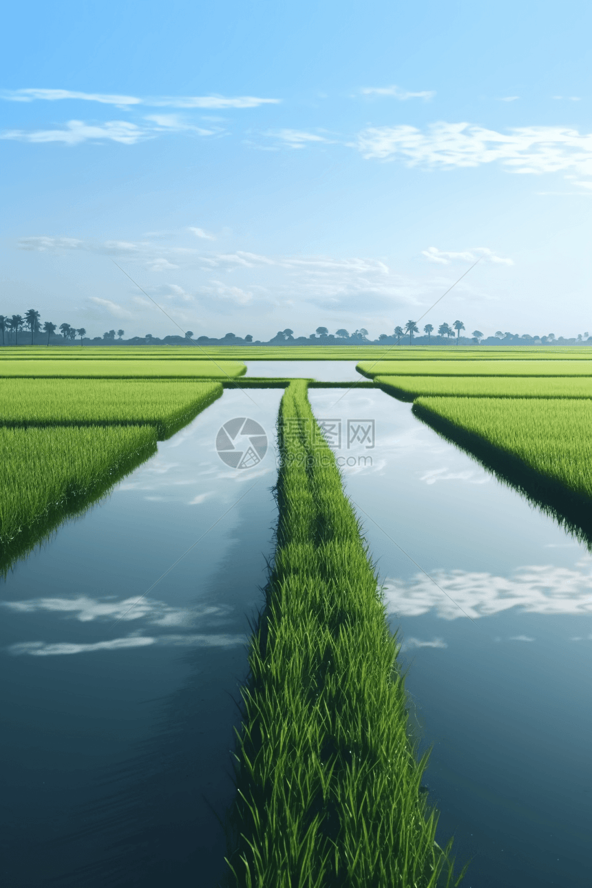 水中反射的稻田图片