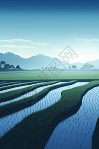 晴朗蓝天下的稻田图片