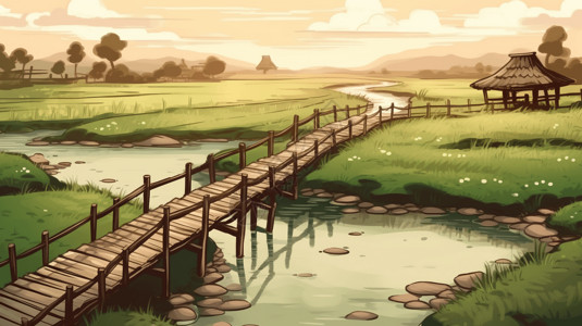 稻田木板一座小木桥穿过蜿蜒的小溪插画