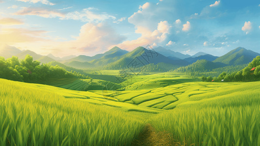 蓝天白云下的稻田背景图片