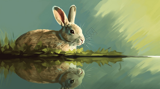 池塘倒影中的兔子图片