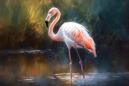 沼泽地站在池塘里的火烈鸟插画