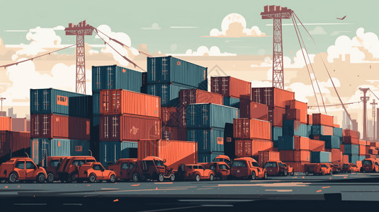 大型货物成排运输集装箱的大型仓库插画