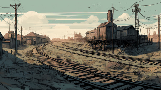 郊外废弃的铁轨插画背景图片