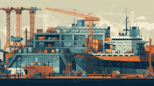 船舶建造造船厂的工人正在工作插画