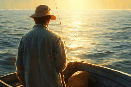 夕阳下的老人夕阳下的渔夫插画