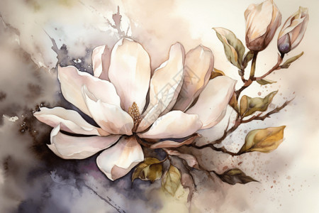 木兰植物一幅木兰枝条的水彩画插画