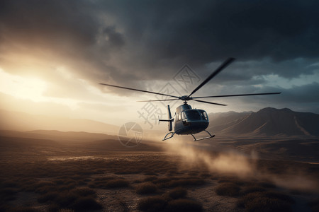 走在草原中在空中飞行的直升机设计图片