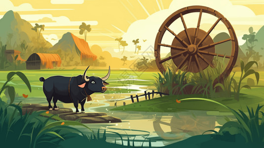 大水坑水牛在稻田里工作插画