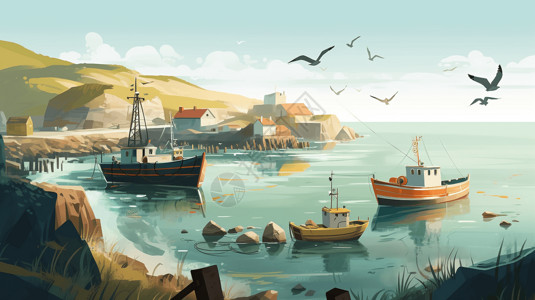 海港风光海面上的船和海鸟插图插画