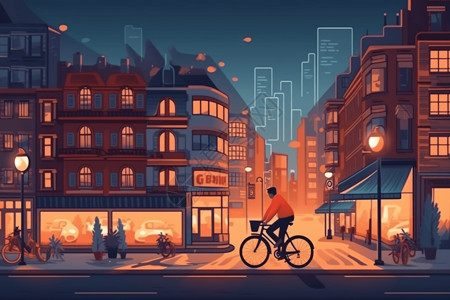 夜晚在城市街道骑行的人物背景图片