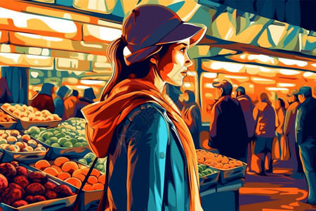 女性市场在市场购物的女人视角插画