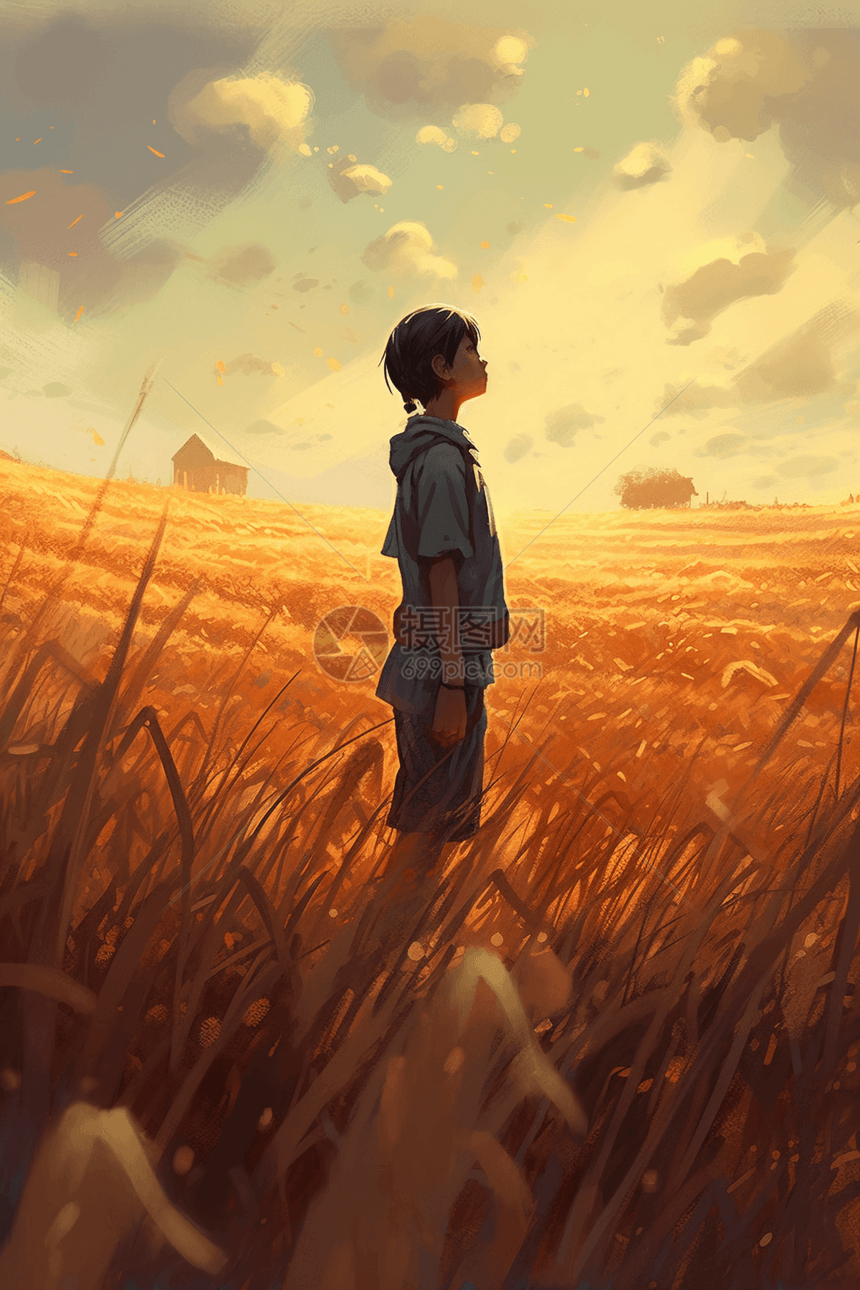 一个中国小男孩站在一片金色的麦田里图片