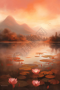 荷塘油画山脉和橘红色的日落天空插画