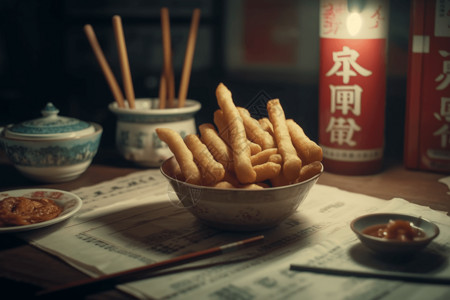 传统中式早餐会的复古广告背景