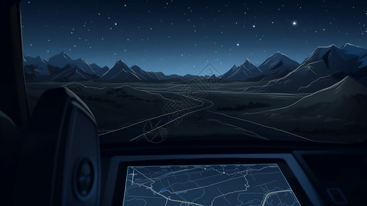 山路夜景星空下的GPS导航插画