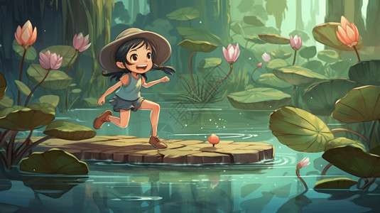 女孩在荷花池塘玩耍背景图片