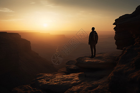 太阳卡通漂浮站在山巅上的男人背景