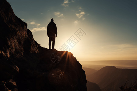 太阳卡通漂浮人物站在山巅背景