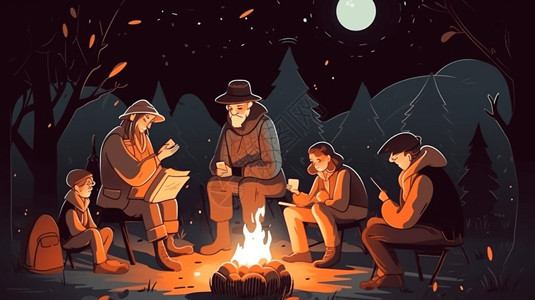 一家人聚在篝火旁高清图片