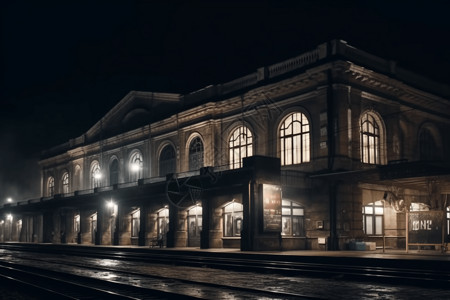 夜空下的火车站建筑背景图片